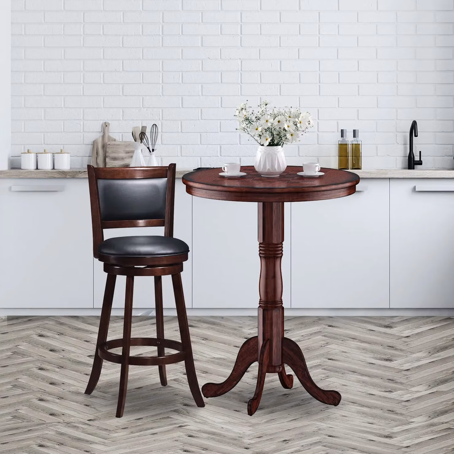 Costway Round Pub Pedestal Side Table in Dark Brown with Stable Wooden Base – 2