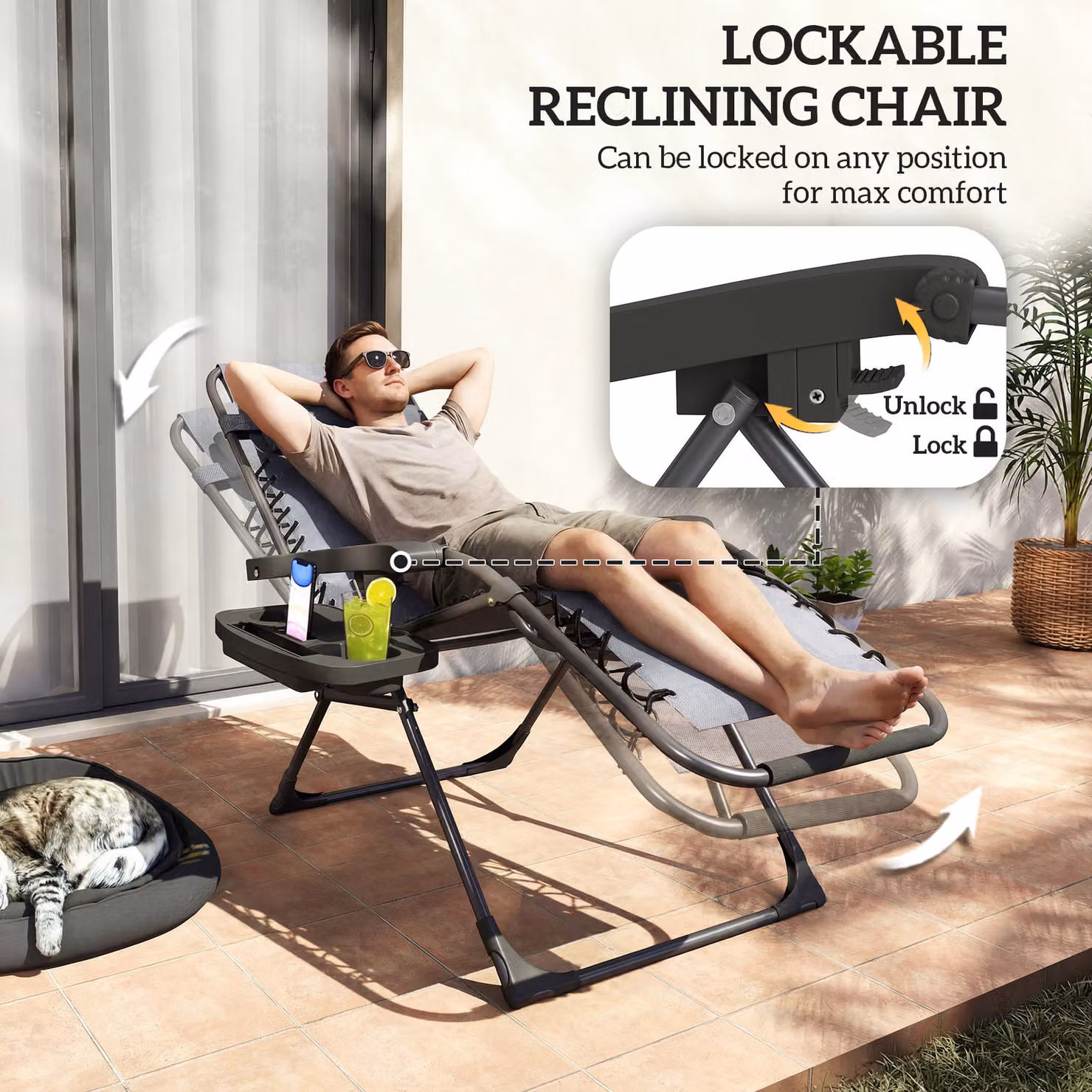 Outsunny Set of 2 Zero Gravity Reclining Garden Sunloungers in Dark Grey with Adjustable Headrest and Cup Holders – 5