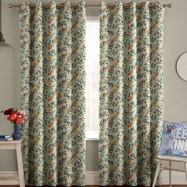 Cath Kidston Summer Birds Made to Measure Blackout Cotton Fabric Panel Curtain in Green and Multicolour
