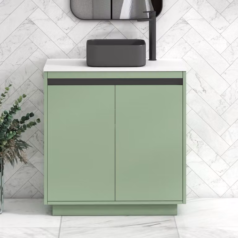 Royal Bathrooms Orion 800mm Mint Sage Floor Standing 2 Door Vanity Unit with Art Square Basin and Black Accent Trim