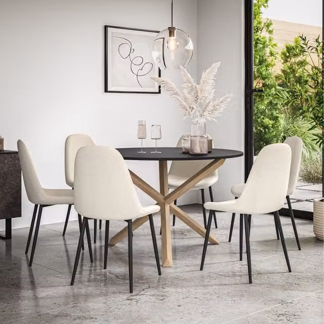 More4Homes Malvern Round Black Dining Table Set with Oak Legs and 6 Ivory White Maya Boucle Chairs, Diameter: 120 cm, Height: 75 cm