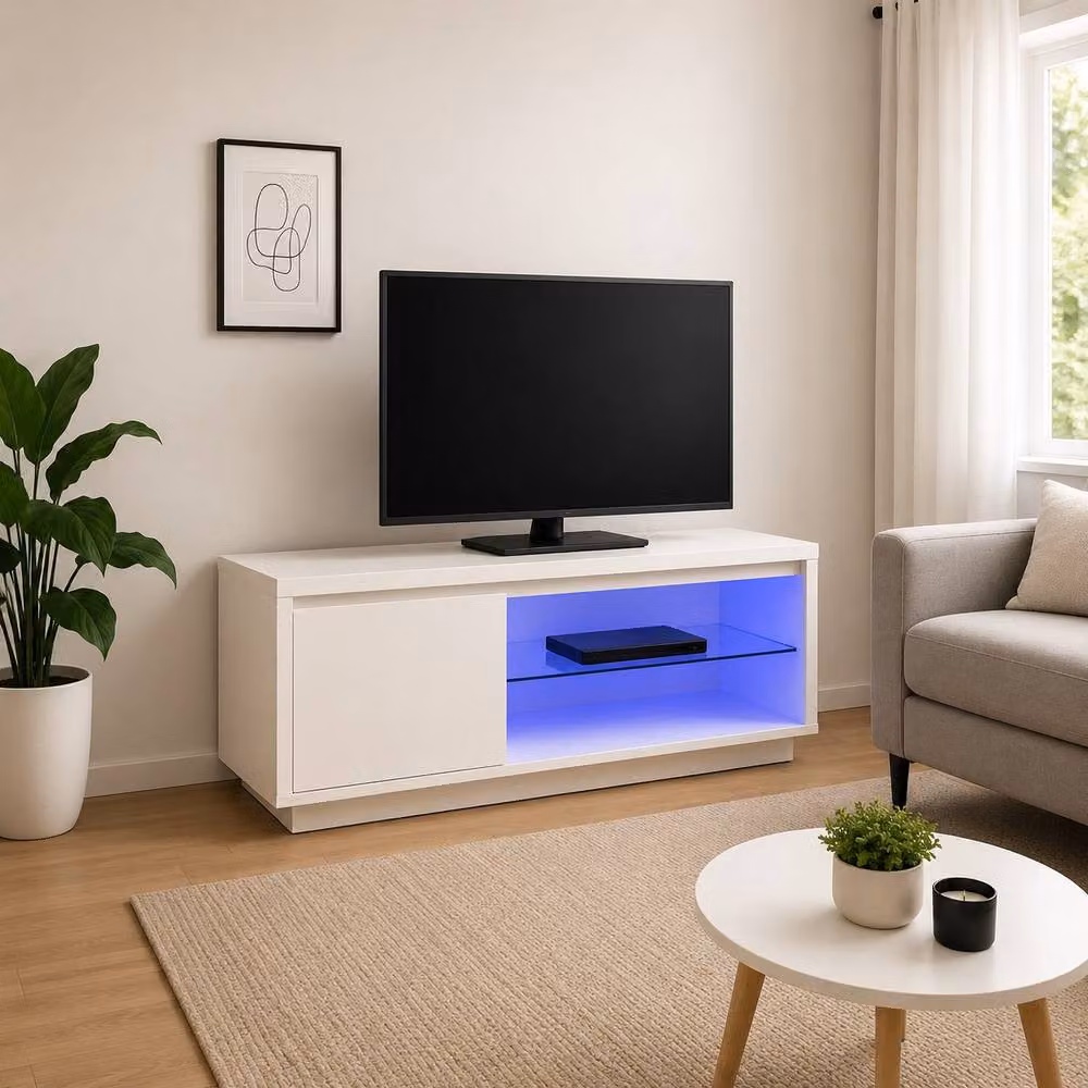 SPOT ON DEALZ Modern White Glossy TV Unit with Door, Storage Shelves and Integrated Lighting, W: 110.0 cm, D: 45.0 cm, H: 45.0 cm – 2