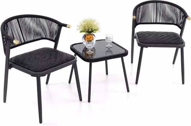 Costway 3 Piece Outdoor Wicker Furniture Set with Rattan Armchairs and Tempered Glass Coffee Table in Black