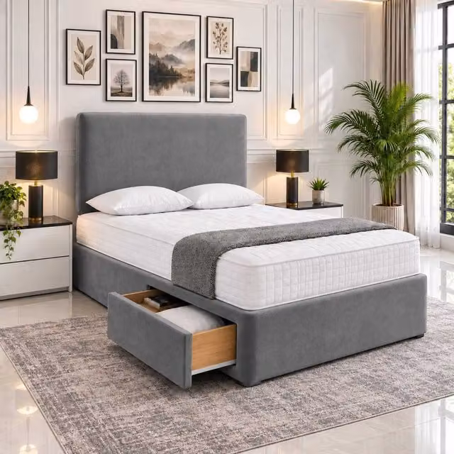 Velmora Grey Upholstered Fabric Divan Bed with Storage Drawers and Headboard