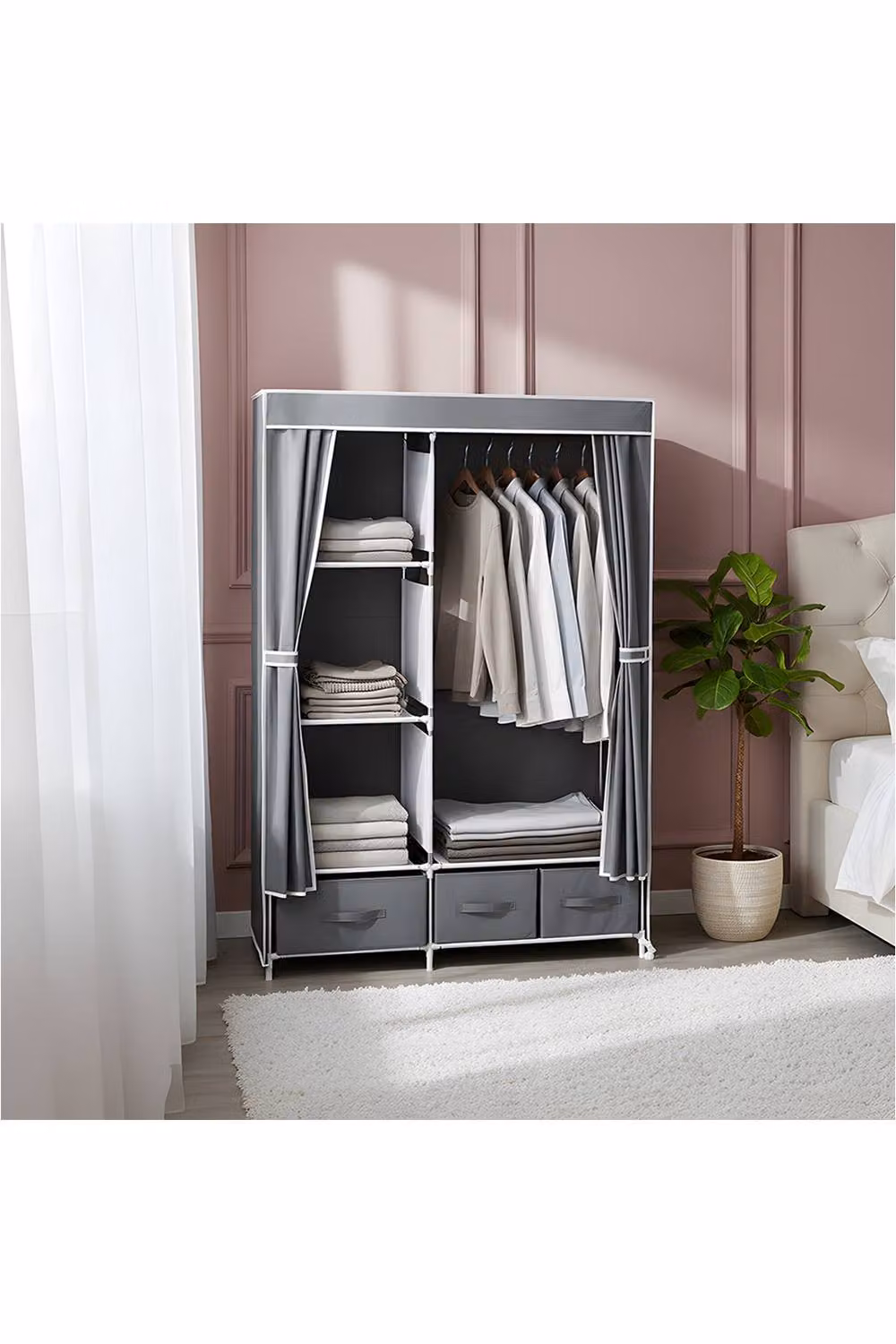 Living and Home Portable Wardrobe Garment Rack with 3 Storage Drawers and Hanging Rod in Grey – 3