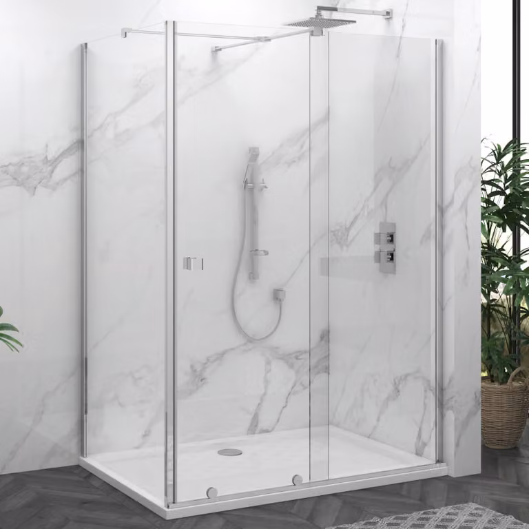 Luton Wet Room Sliding Shower Screen Enclosure with Acrylic Tray, Clear 8mm Easy Clean Glass, W: 150 cm, H: 195 cm, D: 90 cm