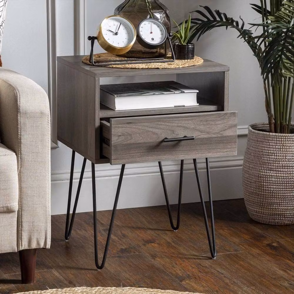 ERGOVEXA Slate Grey Wood and Metal Bedside Night Stand with Drawer – 2