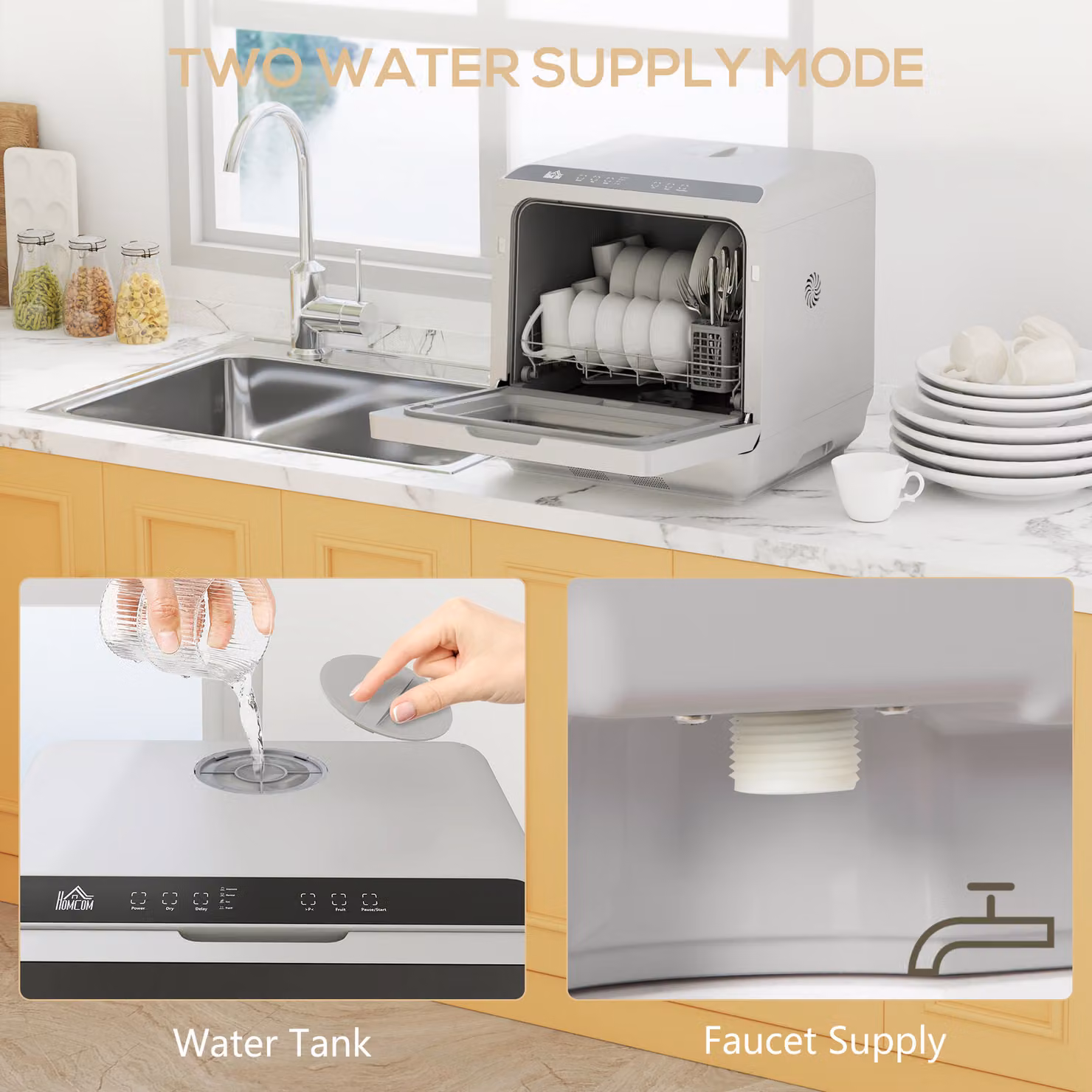 HOMCOM Tabletop Dishwasher in Silver with 4 Place Settings, 6 Programs, 6L Water Tank, Touch Control, LED Display and Delay Start – 3