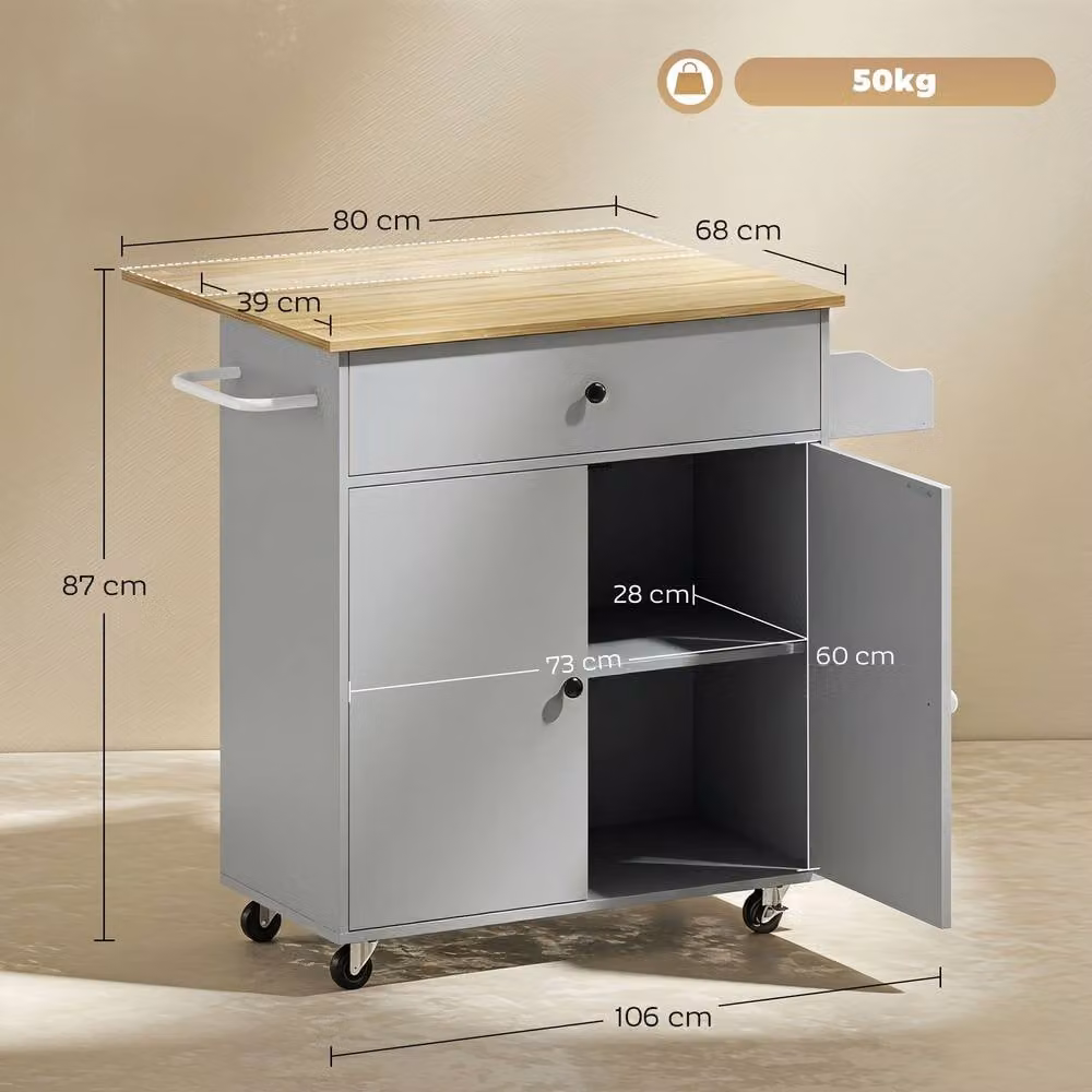 HOMCOM Modern Kitchen Island with Drop Leaf and Rolling Storage Trolley in Grey – 2