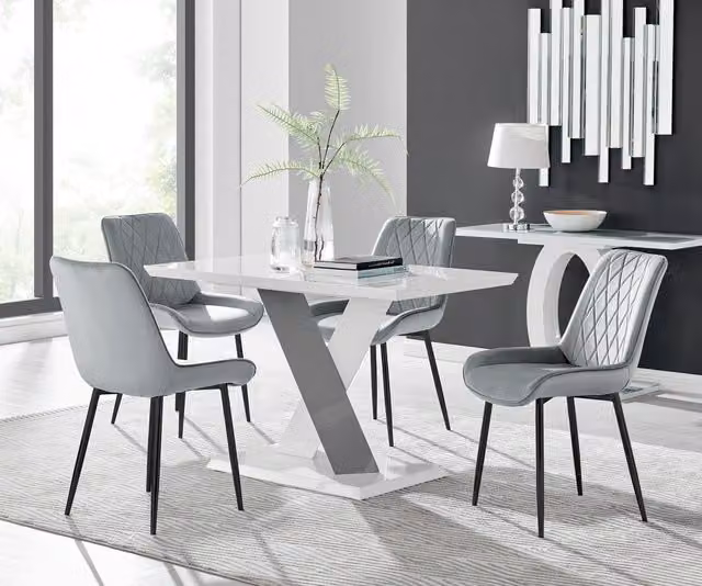 Furniturebox Monza White High Gloss Rectangular Dining Table with 4 Grey Pesaro Black Leg Chairs