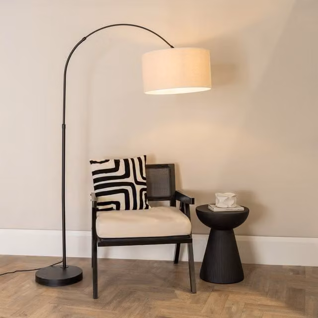 ValueLights Louis Arched Floor Lamp with Adjustable Fabric Drum Shade in White and Black