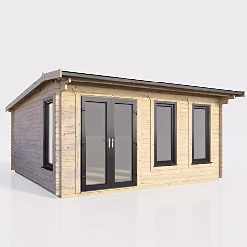 Powersheds Premium Apex Log Cabin with Double Doors and Toughened Glass in Anthracite and Brown – 1