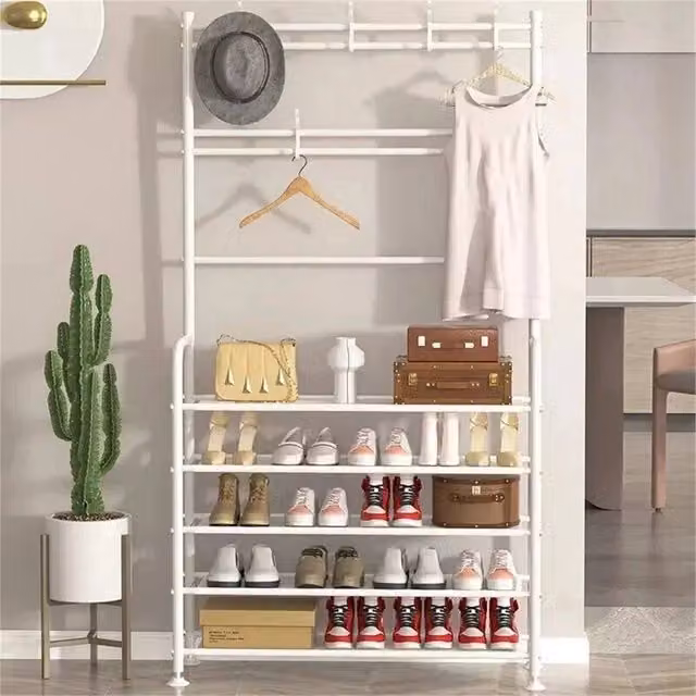 Nordara 5-Tier White Metal Hall Tree with Bench and Coat and Shoe Stand, H 170 x W 80 x D 26 cm