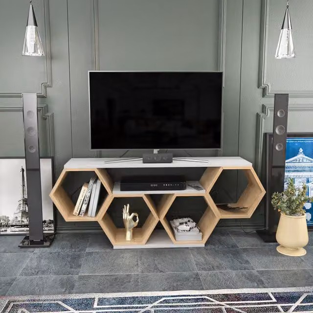 Decorotika Modern Geometric Honey TV Unit in White and Brown, Width: 140 cm