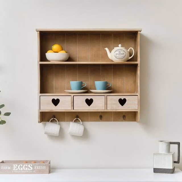 Melody Maison Large Rustic Wooden Wall Shelving Unit with Heart Drawers and Storage Hooks in Light Brown – 1
