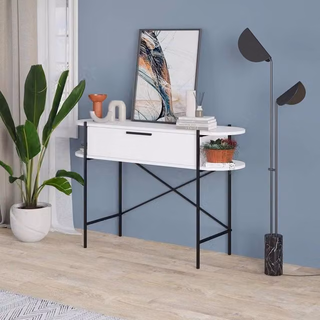 FORGEVIO Modern White Metal Console Table with 1 Drawer, 2 Shelves and X-Frame Design