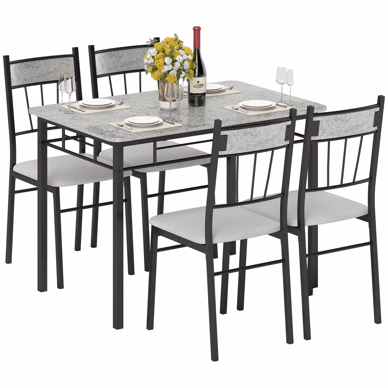HOMCOM Modern Dining Table and 4 Chairs Set with Marble Effect Top and Padded Seats in Grey – 2
