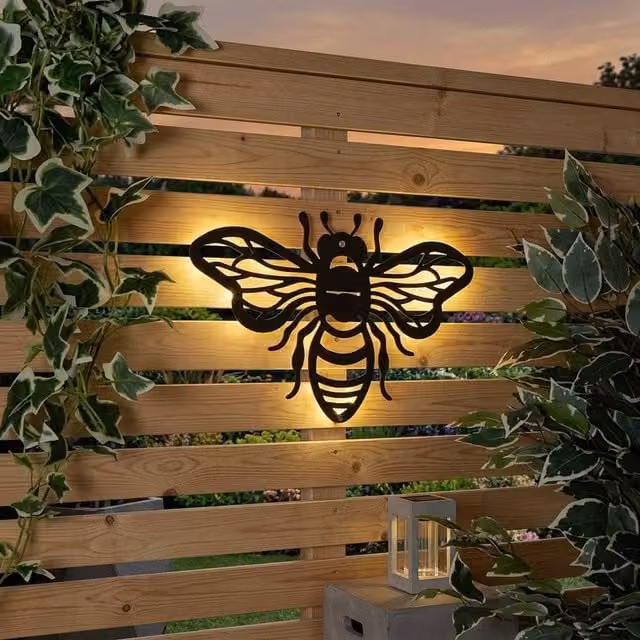 Garden Greatness Lunaria Bumble Bee Solar Garden Wall Art in Black Metal – 1