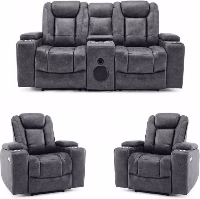 Furnishings For Less UK Juniper Grey Electric Recliner Sofa Set with 2 Seater, 2 Armchairs, USB Charging and Cup Holders – 1