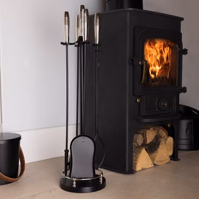 Charles Bentley Sycamore Fireside Companion Set with Iron Tool Stand and Circular Base in Black and Silver