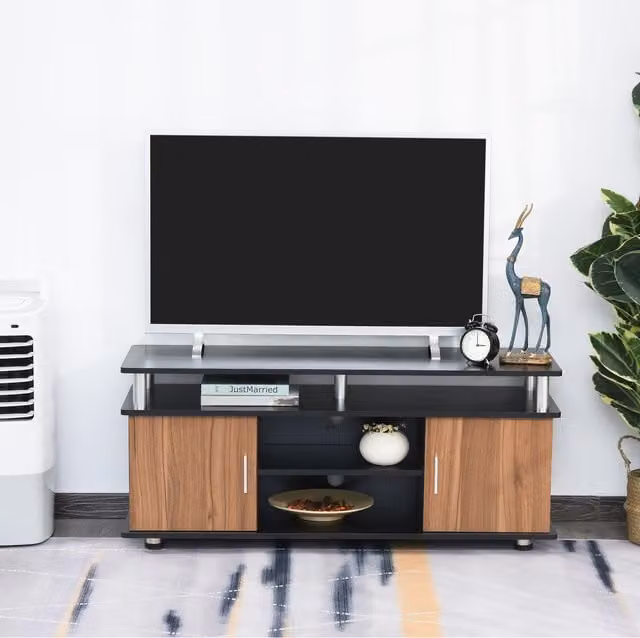 HOMCOM Modern Wood TV Cabinet Stand Entertainment Center in Brown and Black, Width: 120 cm
