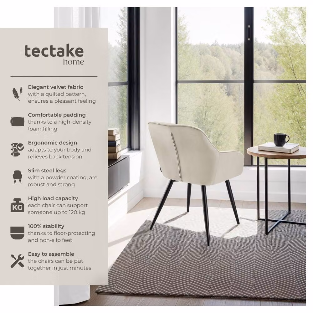tectake Marilyn Dining Chair Set of 6 in Cream and Black with Velvet Upholstery – 2