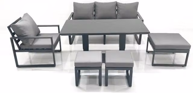 Fimous Outdoor Aluminium Garden Furniture Set in Dark Grey with Adjustable Rising Dining Table, 3 Seater Sofa, 3 Chairs and 3 Footstools