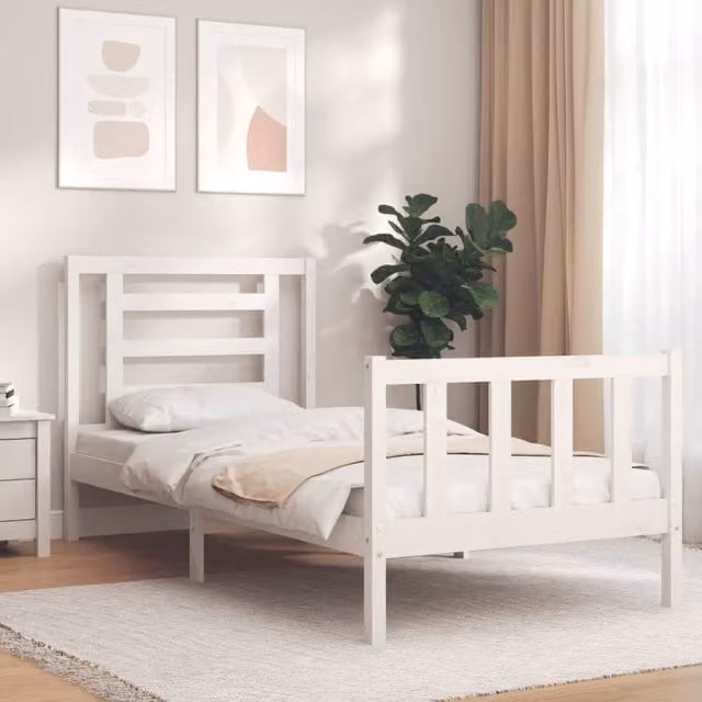 Berkfield Home Single Solid Pine Wood Bed Frame with Headboard in White – 1