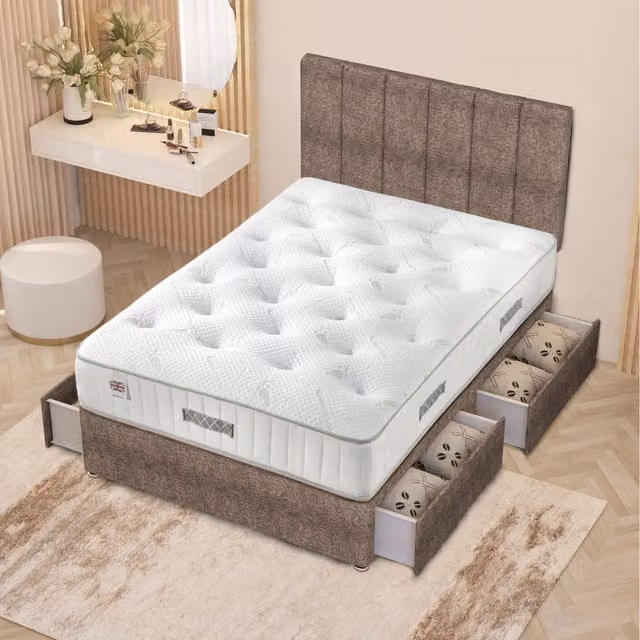 Somnior Beds Ltd Austin Hybrid Orthopaedic Divan Storage Bed with Drawers and Upholstered Fabric Headboard, Brown, W/D/H: 180 x 200 cm