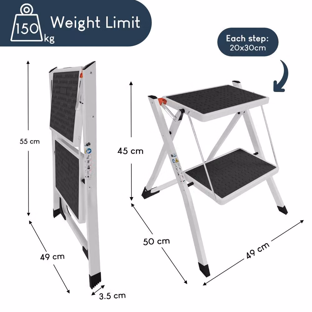 HD Designs 2 Step Folding Stool with Anti-Slip Rubber Feet in White – 2