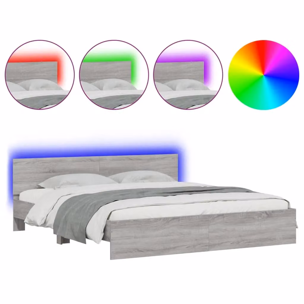 Berkfield Home Grey Sonoma Bed Frame with LED Lighting and USB Charging Port, W/D/H: 200 x 200 cm – 2