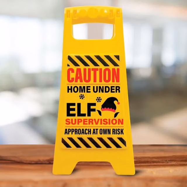 Boxer Gifts Caution Home Under Elf Supervision Sign, Black and Yellow Christmas Tabletop Decoration