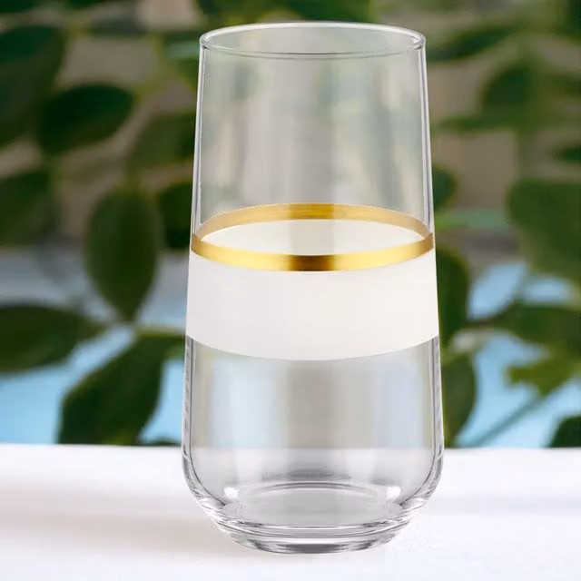 The Mia Snow Series Striped Glass Tumblers, Set of 6, Gold, White and Transparent, 445 ml – 1