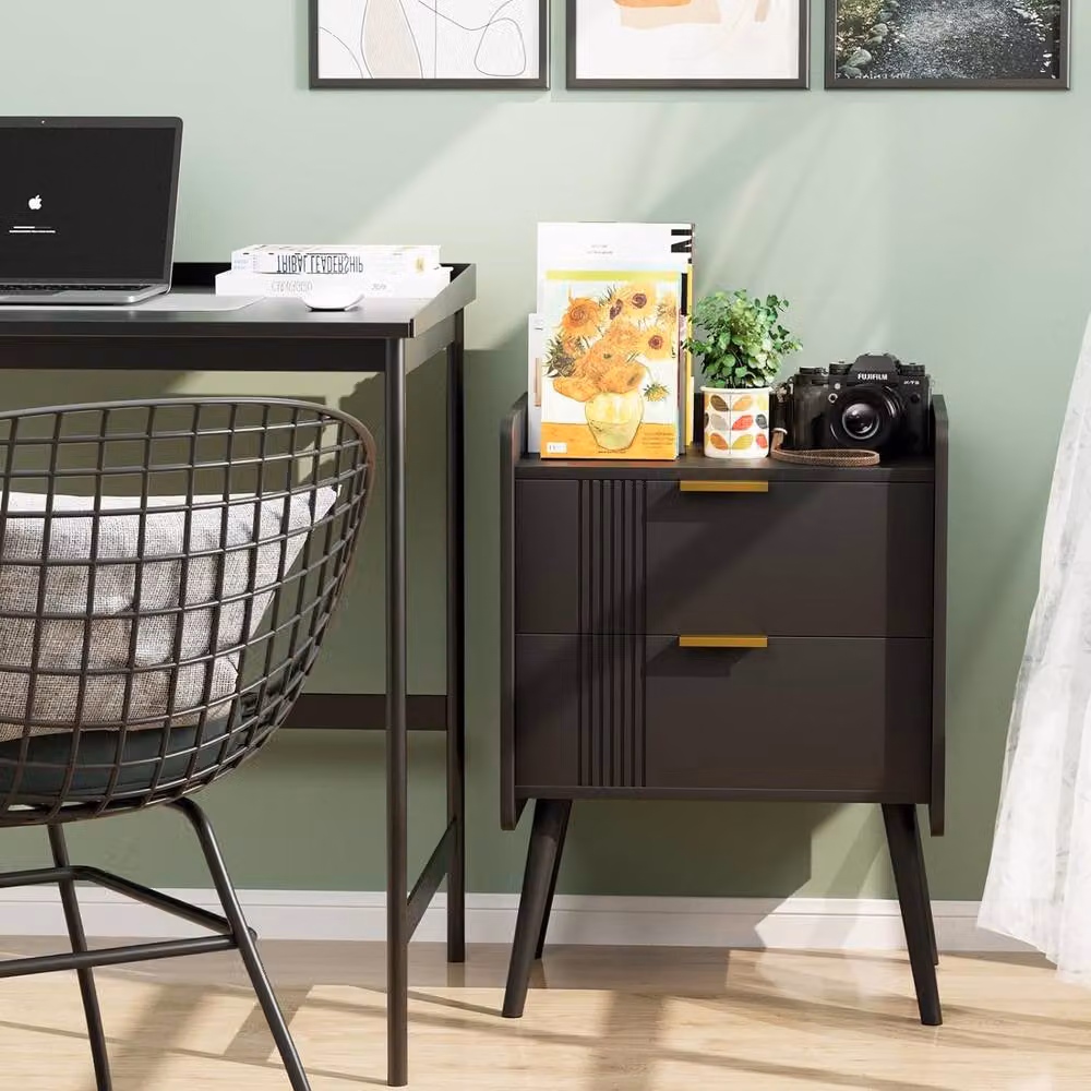 Huhote Black Bedside Table Cabinet with 2 Drawers and Wooden Legs – 7