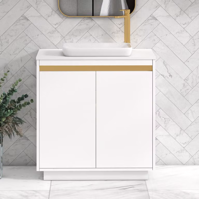 Royal Bathrooms Orion 800mm Matt White Floor Standing 2 Door Vanity Unit with Qubix Basin and Brushed Brass Accent Trim