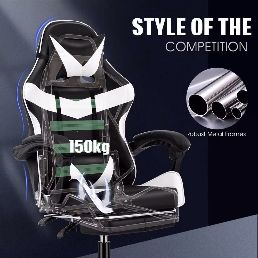 VOGREX Ergonomic Black and White PU Leather Gaming Chair with Headrest and Armrests – 4
