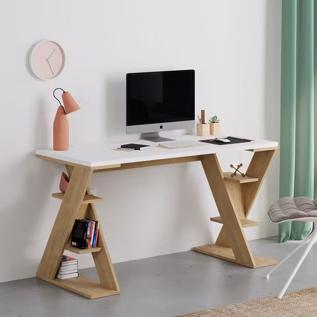 Decortie Papillon Modern Writing Desk with Bookshelf Legs in Oak and White