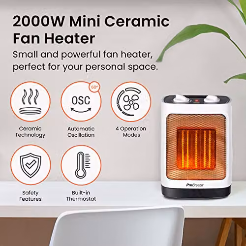 Pro Breeze 2000W Mini Ceramic Fan Heater in White with Thermostat, Overheat and Tilt Protection – 2