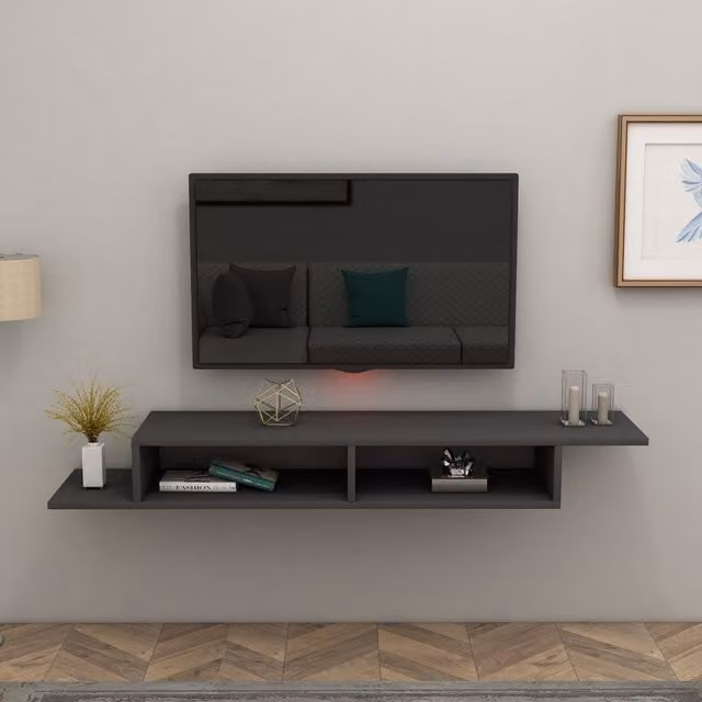 Destina Home Eldon Floating TV Stand with Shelves in Anthracite Grey, W: 140 cm, H: 29.6 cm, D: 18.2 cm