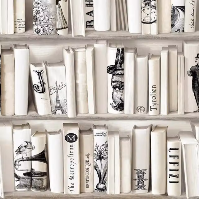Muriva Vintage Realistic Encyclopedias Bookcase Wallpaper in Cream, Black, Grey and White