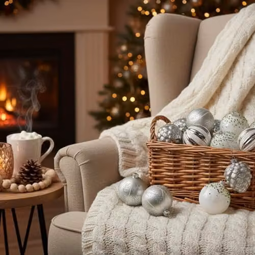 Shatchi 12-Piece Set of Glass Christmas Bauble Hanging Ornaments in Silver and White, Diameter: 8 cm – 5
