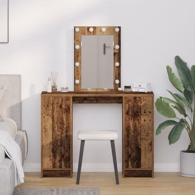 Berkfield Home Rustic Wood Dressing Table with LED Lights in Brown, W/D/H: 102 x 33 x 135 cm – 1