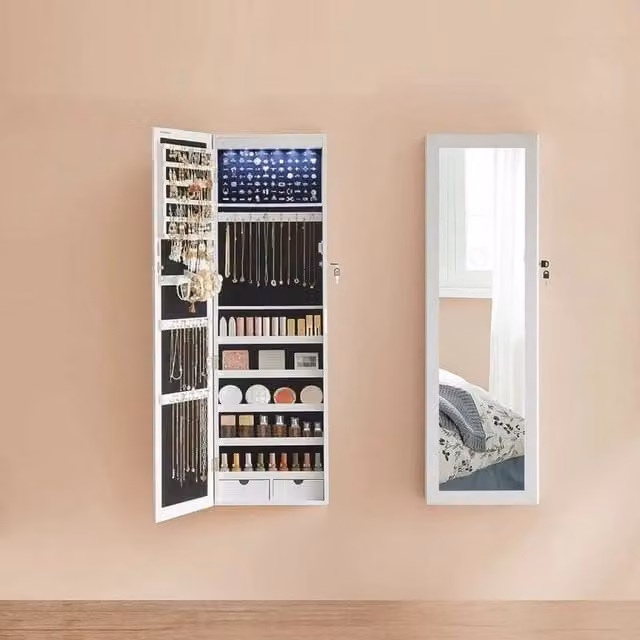 SONGMICS Lockable Wall Mounted Jewellery Cabinet with Mirror and Compartments in Black – 1