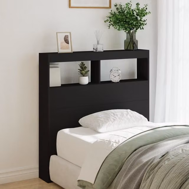 Berkfield Home Modern Black Headboard Cabinet with LED Lighting and USB Charging Port, W/D/H: 100 x 17 x 102 cm