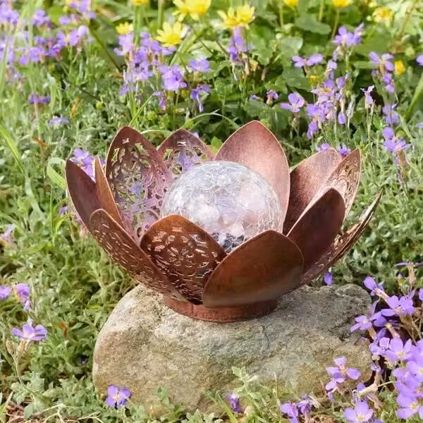 Marco Paul Bronze Metal Solar Garden Flower Ornament with Multicolour Crackle Glass Ball, Height: 27 cm – 2