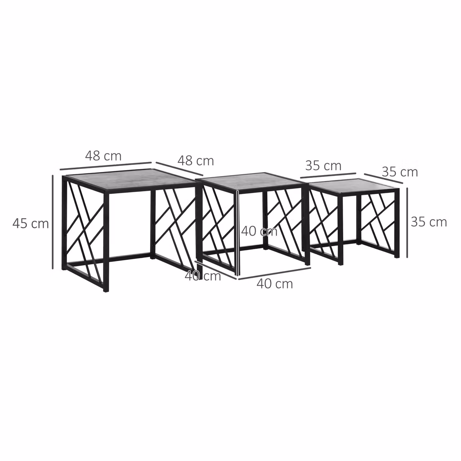 HOMCOM Set of 3 Square Nest of Tables with Black Metal Frame and Grey Composite Tops – 3