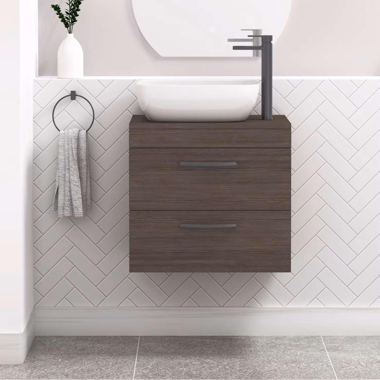 Royal Bathrooms Grey Elm Wall Hung Vanity Unit with Elva Countertop Basin and Matt Black Handles, Width: 60 cm