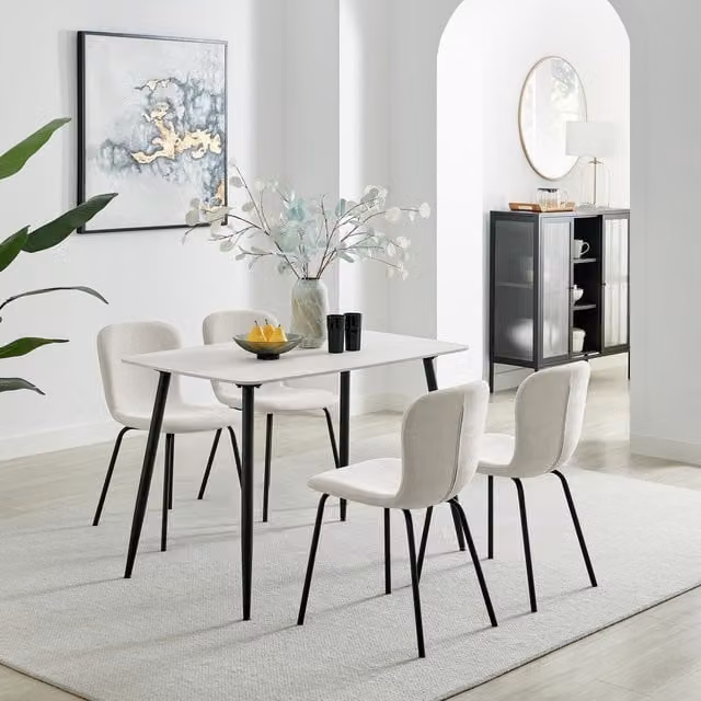 FurnitureboxUK Asti White Marble Ceramic Top Dining Table and 4 Asti Linen Chairs in Cream