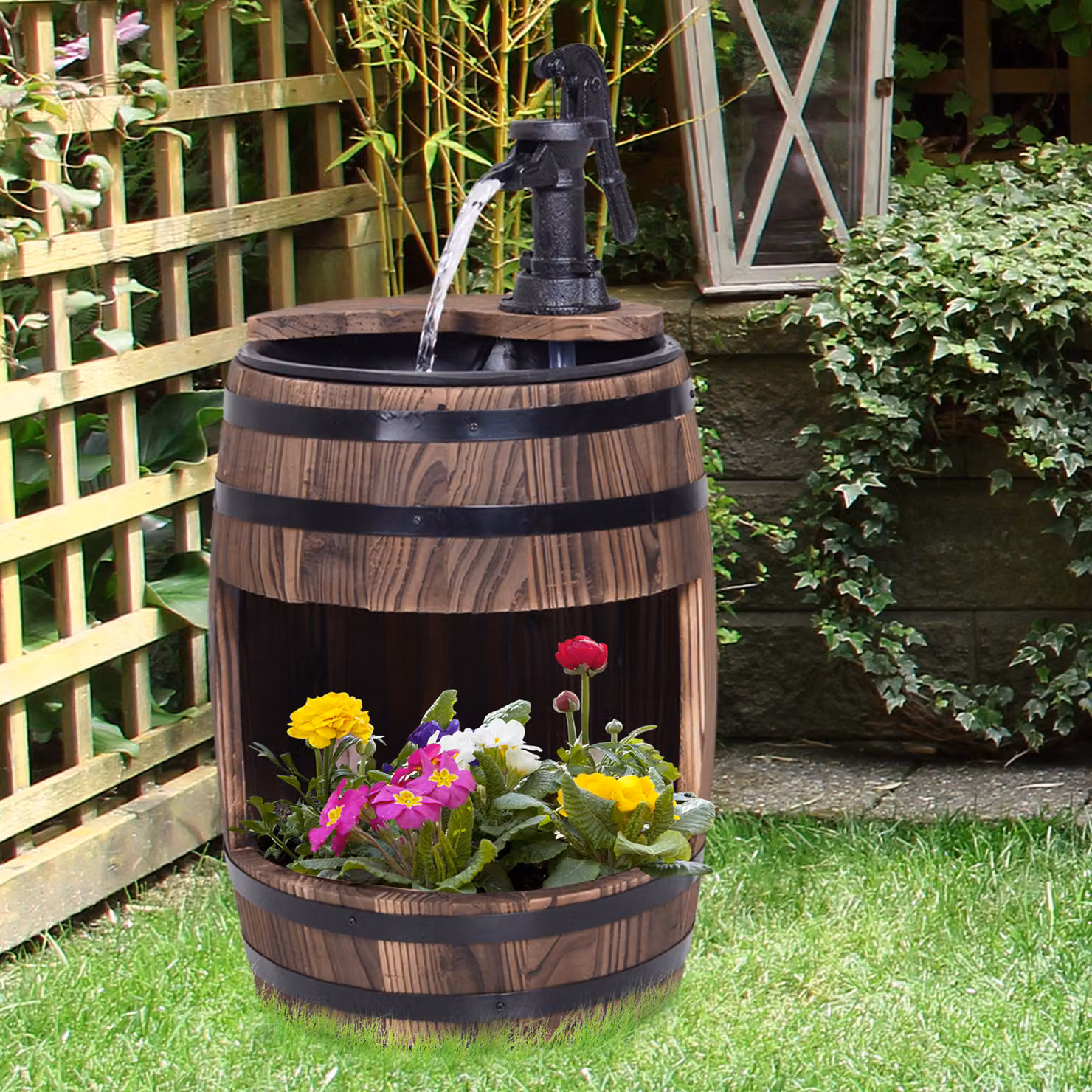 Outsunny Wood Barrel Patio Water Fountain with Flower Planter and Electric Pump, Brown – 2
