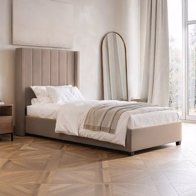 Flair Modern Upholstered Single Ottoman Bed in Beige Velvet, W/D/H: 90 x 200 cm